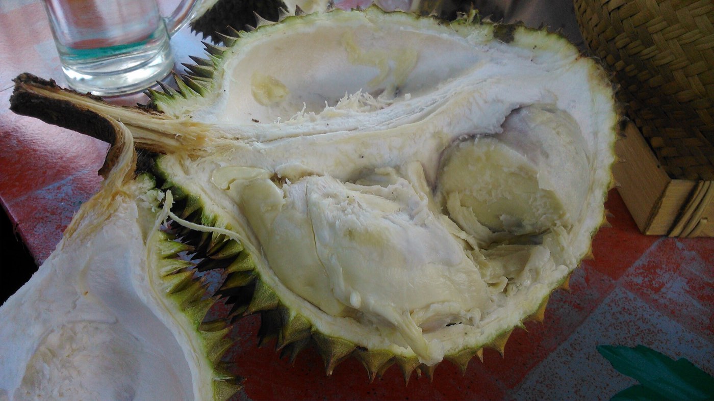 Musang King durian at a Malaysian fruit stall